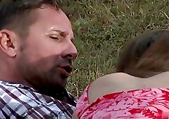 A horny guy and his naughty girlfriend are fucking for the first time, in the forest