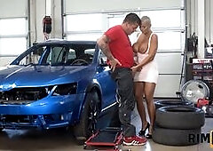 Buzzed bitch is going to lick mechanics anus right by broken car