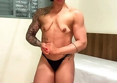 Muscular milf, flexing, biceps