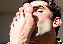 Obedient chap on his knees worshipping large feet during the time that being abased. This chab licks the big soles and sucks the toes with total focus