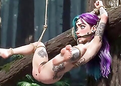 A lewd curly feminist is tightly tied in rope servitude, totally infirm and incredibly turned on. Her thick hairy twat is visibly juicy and leaking as