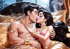 Compilation of pure toon romantic and carnal scenes. Brawny dude and nice-looking woman in rich gold ornaments sharing private kisses, close hugs and 