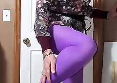 Gay crossdress tease, masturbate, cum on my purple nylon pantyhose.