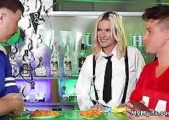 Barmaids holes getting freeused by two guests in a threeway