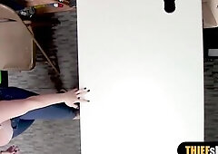 Corpulent teen shoplifter with giant bazookas castigate banged