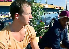 Black bottom stud rides white cock in warehouse for money