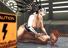 A hot black girl gets fucked hard by a cyber angel shemale in the sci-fi prison