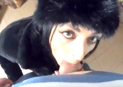 Milfycalla gives a sensual gargle-job in a fur coat and shiny shoes