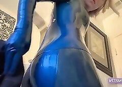 Blonde cosplay tgirl strokes her shecock