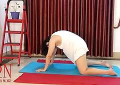Regina Noir teases in white panties during solo yoga in a college gym