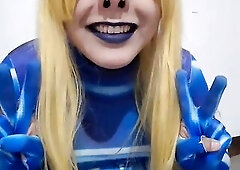 Cute Trans Samus with S&M Nosehook giving a Sloppy Oral-job to BBC Sex-toy, Deepthroat, Facial Bang and Eating Goo