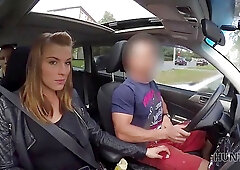 Busty babe with nice ass gets fucked near the car