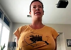 Busty curly brunette with big boobs fucks on couch