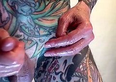 Inked male stripper LeeHarper Pinnomen booked for steamy solo masturbation performance