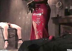 Busty mature tranny in latex fucks man