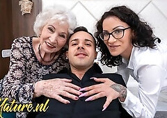 Natasha Ink Brought Over An Old Granny To Join 'em For a Anal 3some! Bushy granny Maria joins a tattooed younger pair for a steamy double permeat