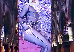 Kinky blonde shemale teases in her fetish black nun uniform