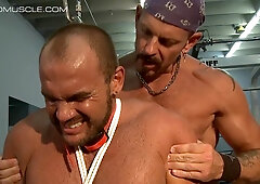 BoundMuscleJocks: Colin Steele Torments Jessie Balboa With Crop Electro And Ball Crusher