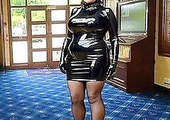 Golf Club Slut Exposed in Shiny PVC Skirt High Heels Costume in ClubHouse Entrance