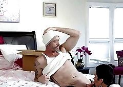 Gorgeous brunette shemale sprayed with cum after being pounded hardcore