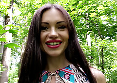 A Russian brunette get wild outdoors with handjobs and cowgirl