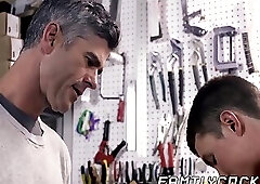Barebacking in the workshop with stepson jock and daddy