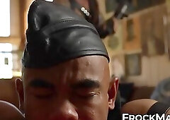 Masked Pup Jaxx sucks big cock before getting ass pounded by dominant Master R