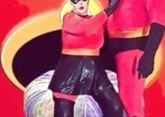 Aged Gilf Elastigirl cosplay masturbation, screw, and cum