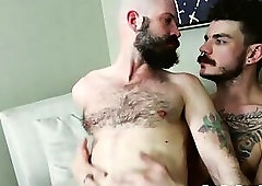 Bald bottom bear sucked before bareback sex