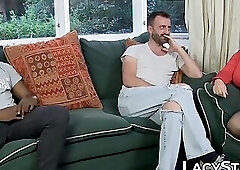 GILF in leather corset takes on two massive cocks