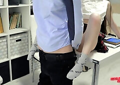 Nerd banged a hot classmate. Lots of cum in a constricted snatch.