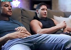 Black stud rides cock of white tattooed BF on couch