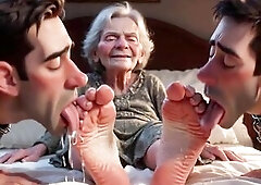 Pathetic obedient thrall licking the old unattractive feet of a 90yo granny. This guy runs his tongue lazily over her wrinkled soles and sucks her toe
