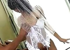 Horny tranny bride fucks her husband in their new marriage