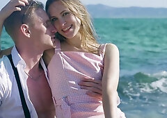 Blonde lover shares passionate beachside kisses and intimate 69 with her partner