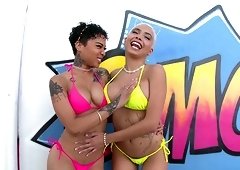 Aaliyah Hadid and Honey Gold gagging on cock