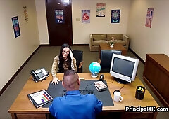 Jazmine the hot MILF got some mesmerizing big boobies and the principal wants to watch them. While fucking her on his desk and in the chair!