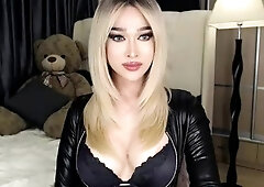 Non stop blonde with big boobs cock jerks off on the bed