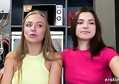 Hotties Hayli & Aislin talk about strapons in advance of getting down to business.