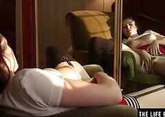 Black Stockings and Garters but no Panties while she Masturbates