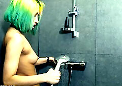 avid tattooed teen roy lips takes a soapy shower and toying her constricted anal opening with ebony sex tool