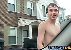 Horny Billy gets on the passenger seat and jerks his dick