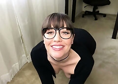 Tattooed, hairy secretary teases herself with a toy while imagining her boss watching
