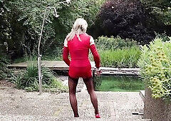 the cum runs down the moist nylon nylons