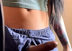 Brunette Tranny jerking in hard dick in solo Webcam