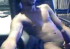 Huge black cock squirts all over his chest