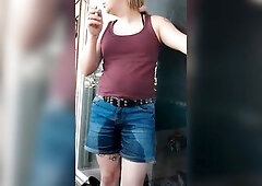Smokin' Sexy Transgirl Can't Stop Peeing