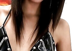 Naughty Asian femboy with small tits wanks her hairy schlong