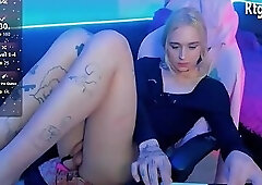 slim european shemale blonde with tattoos strokes her small cock