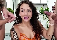 Cum thirsty babe in lingerie blows two cocks on webcam